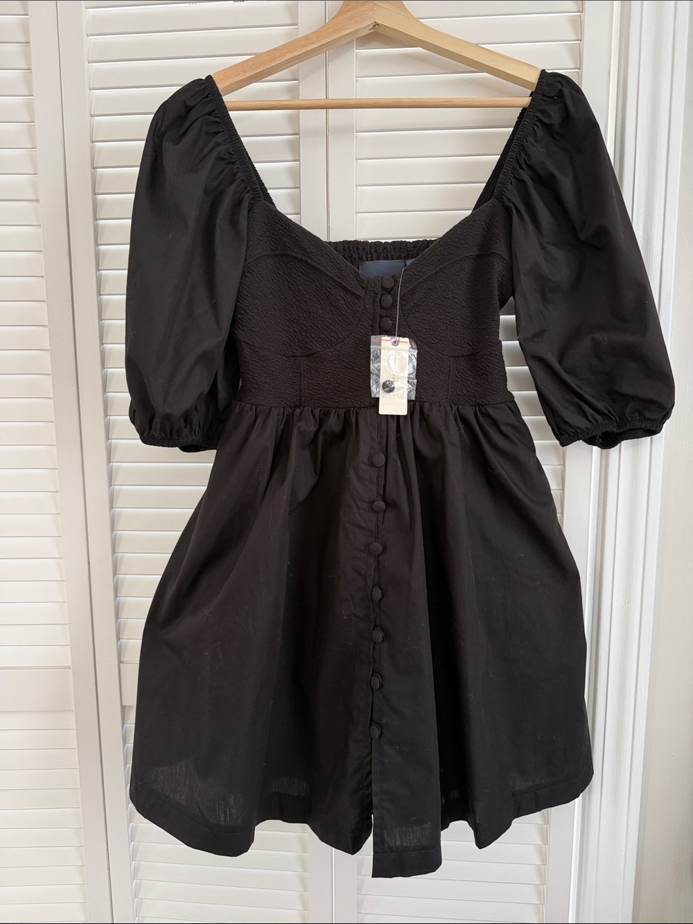 Maeve Black Puff-Sleeve Button-Front Mini Dress